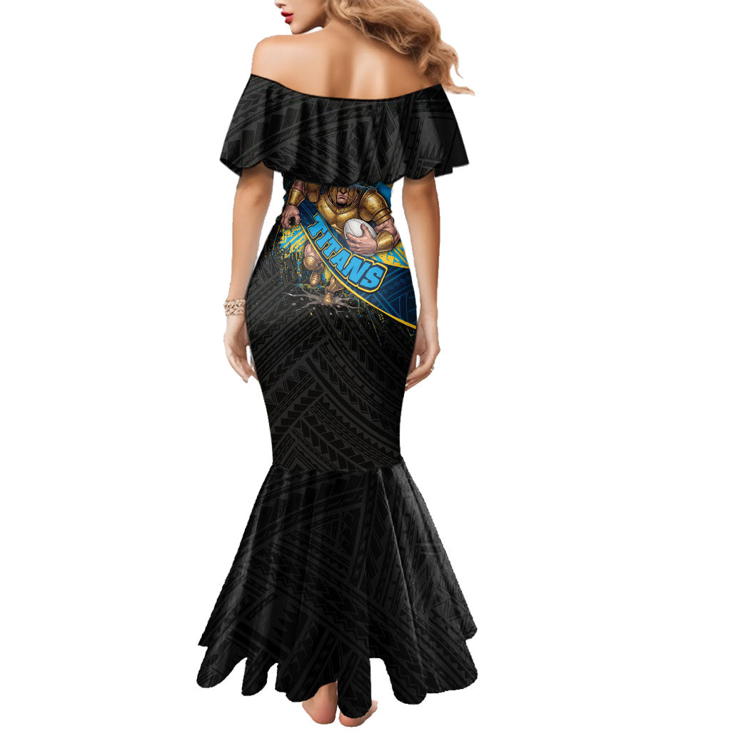 Gold Coast Titans Rugby Family Matching Mermaid Dress and Hawaiian Shirt Tribal Polynesian Power Art - Lightning Mascot