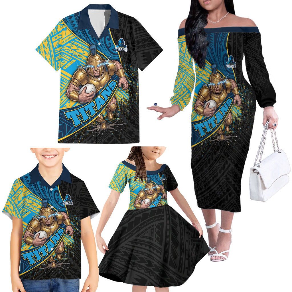 Gold Coast Titans Rugby Family Matching Off The Shoulder Long Sleeve Dress and Hawaiian Shirt Tribal Polynesian Power Art - Lightning Mascot
