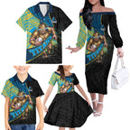 Gold Coast Titans Rugby Family Matching Off The Shoulder Long Sleeve Dress and Hawaiian Shirt Tribal Polynesian Power Art - Lightning Mascot