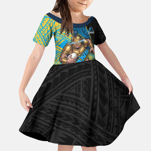 Gold Coast Titans Rugby Family Matching Off The Shoulder Long Sleeve Dress and Hawaiian Shirt Tribal Polynesian Power Art - Lightning Mascot