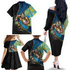 Gold Coast Titans Rugby Family Matching Off The Shoulder Long Sleeve Dress and Hawaiian Shirt Tribal Polynesian Power Art - Lightning Mascot