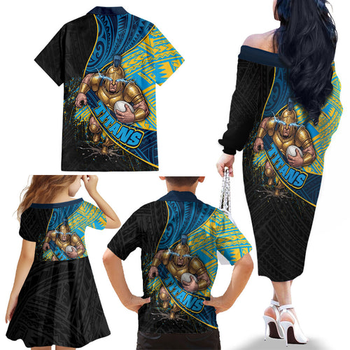 Gold Coast Titans Rugby Family Matching Off The Shoulder Long Sleeve Dress and Hawaiian Shirt Tribal Polynesian Power Art - Lightning Mascot