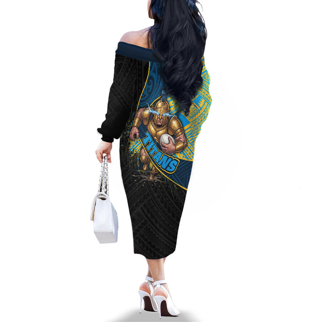 Gold Coast Titans Rugby Family Matching Off The Shoulder Long Sleeve Dress and Hawaiian Shirt Tribal Polynesian Power Art - Lightning Mascot