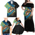Gold Coast Titans Rugby Family Matching Off Shoulder Maxi Dress and Hawaiian Shirt Tribal Polynesian Power Art - Lightning Mascot