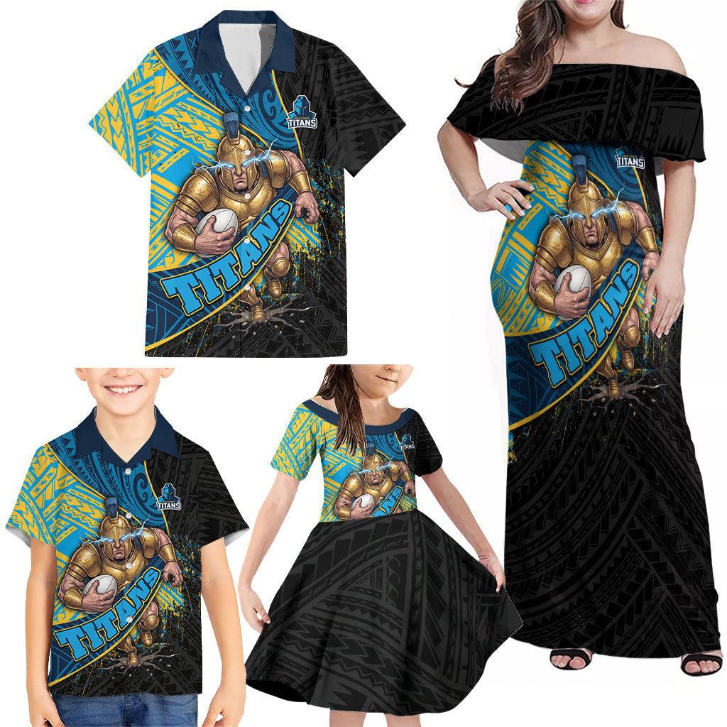 Gold Coast Titans Rugby Family Matching Off Shoulder Maxi Dress and Hawaiian Shirt Tribal Polynesian Power Art - Lightning Mascot