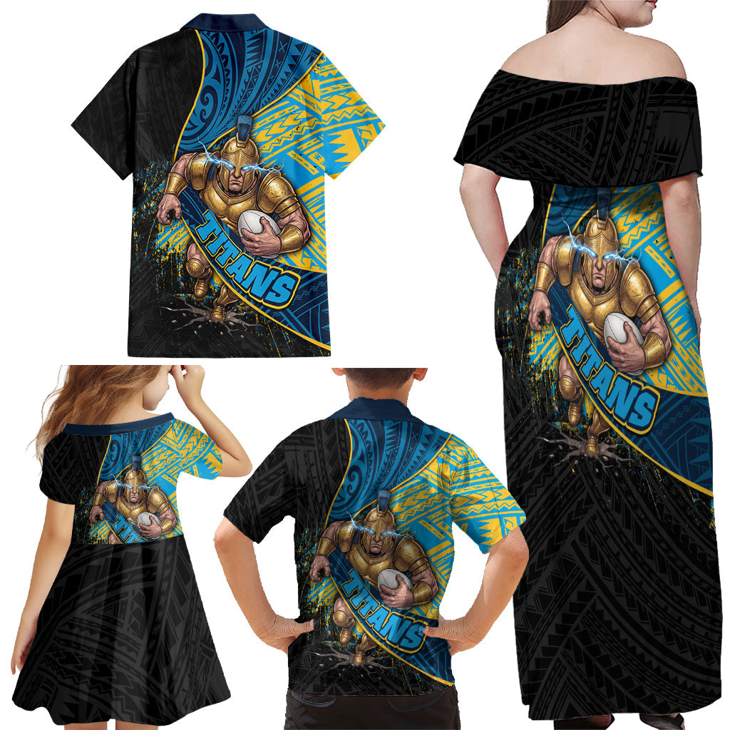 Gold Coast Titans Rugby Family Matching Off Shoulder Maxi Dress and Hawaiian Shirt Tribal Polynesian Power Art - Lightning Mascot