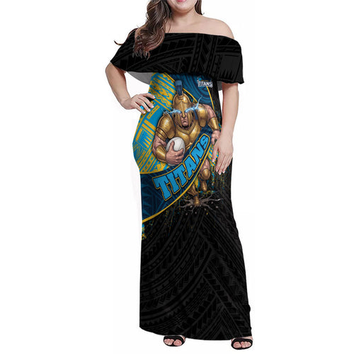 Gold Coast Titans Rugby Family Matching Off Shoulder Maxi Dress and Hawaiian Shirt Tribal Polynesian Power Art - Lightning Mascot