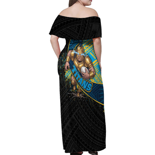 Gold Coast Titans Rugby Family Matching Off Shoulder Maxi Dress and Hawaiian Shirt Tribal Polynesian Power Art - Lightning Mascot