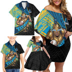 Gold Coast Titans Rugby Family Matching Off Shoulder Short Dress and Hawaiian Shirt Tribal Polynesian Power Art - Lightning Mascot