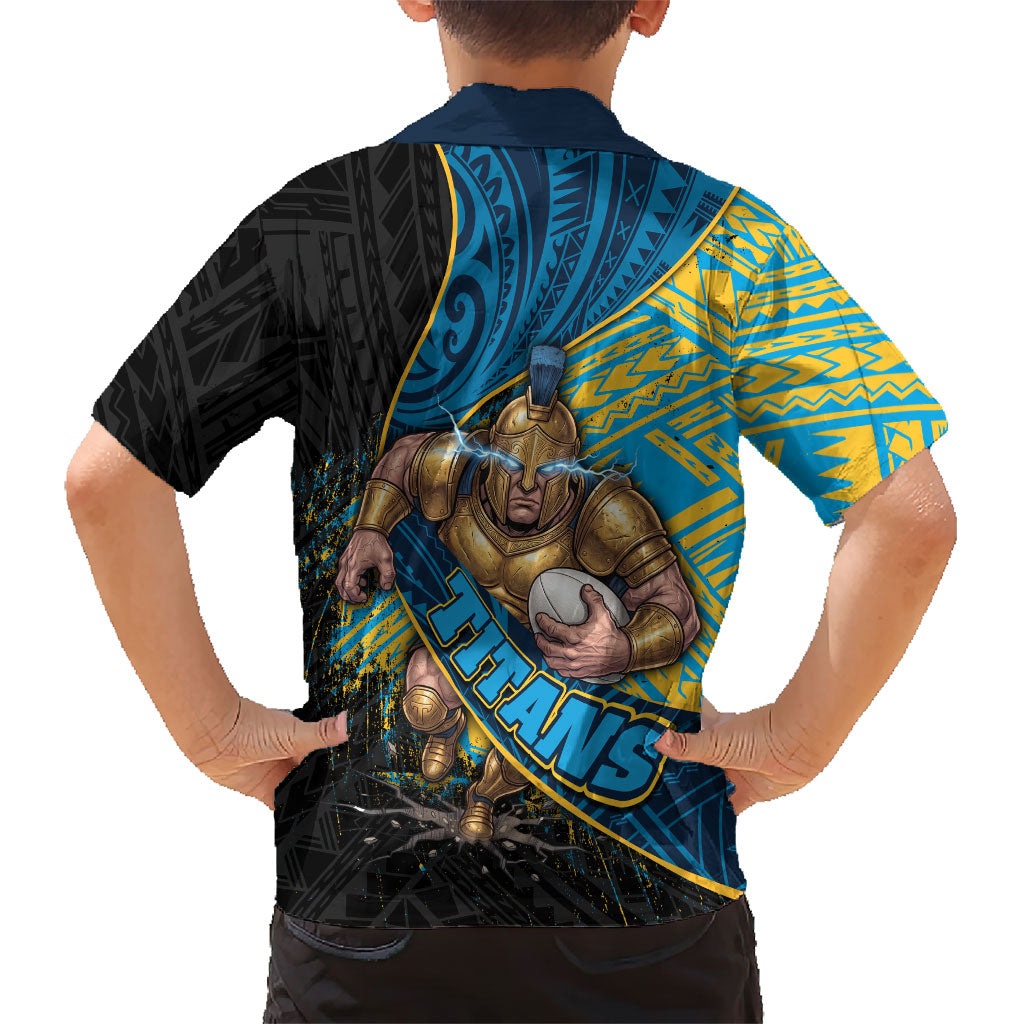 Gold Coast Titans Rugby Family Matching Off Shoulder Short Dress and Hawaiian Shirt Tribal Polynesian Power Art - Lightning Mascot