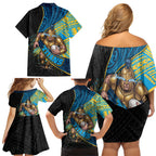 Gold Coast Titans Rugby Family Matching Off Shoulder Short Dress and Hawaiian Shirt Tribal Polynesian Power Art - Lightning Mascot