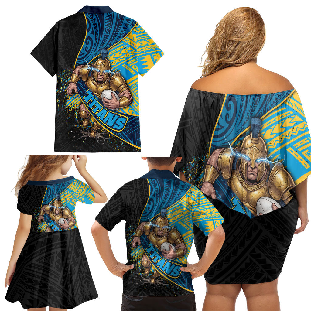 Gold Coast Titans Rugby Family Matching Off Shoulder Short Dress and Hawaiian Shirt Tribal Polynesian Power Art - Lightning Mascot