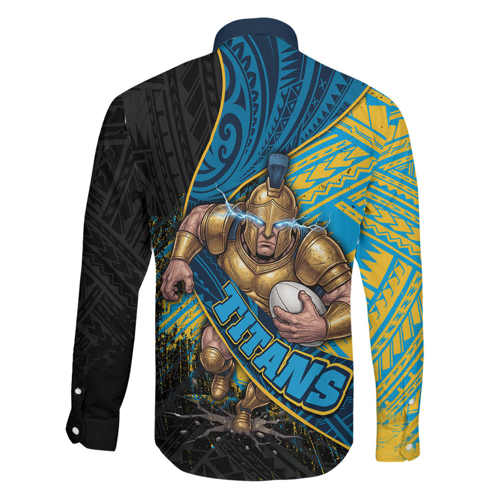 Gold Coast Titans Rugby Family Matching Off Shoulder Short Dress and Hawaiian Shirt Tribal Polynesian Power Art - Lightning Mascot