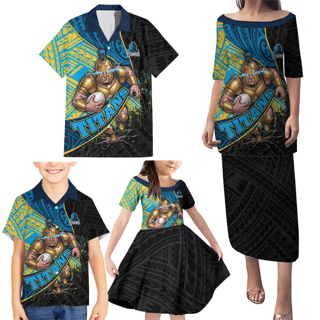 Gold Coast Titans Rugby Family Matching Puletasi and Hawaiian Shirt Tribal Polynesian Power Art - Lightning Mascot