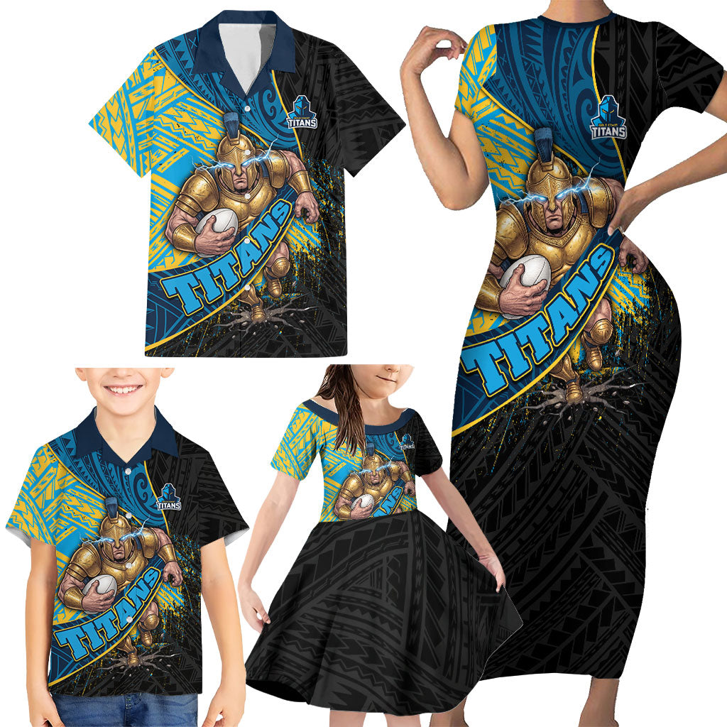 Gold Coast Titans Rugby Family Matching Short Sleeve Bodycon Dress and Hawaiian Shirt Tribal Polynesian Power Art - Lightning Mascot