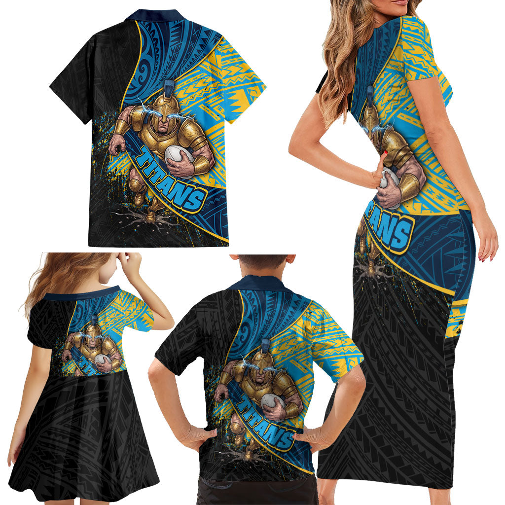 Gold Coast Titans Rugby Family Matching Short Sleeve Bodycon Dress and Hawaiian Shirt Tribal Polynesian Power Art - Lightning Mascot