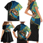 Gold Coast Titans Rugby Family Matching Short Sleeve Bodycon Dress and Hawaiian Shirt Tribal Polynesian Power Art - Lightning Mascot