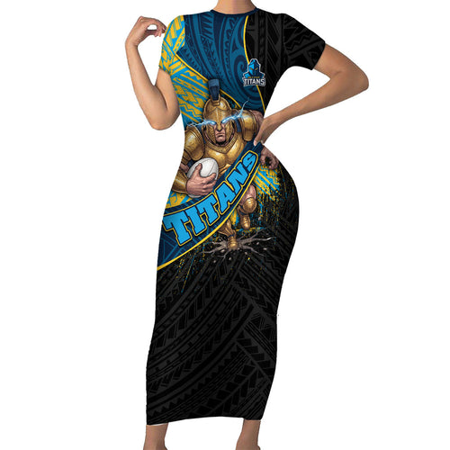 Gold Coast Titans Rugby Family Matching Short Sleeve Bodycon Dress and Hawaiian Shirt Tribal Polynesian Power Art - Lightning Mascot