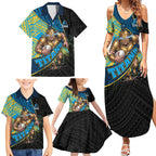 Gold Coast Titans Rugby Family Matching Summer Maxi Dress and Hawaiian Shirt Tribal Polynesian Power Art - Lightning Mascot