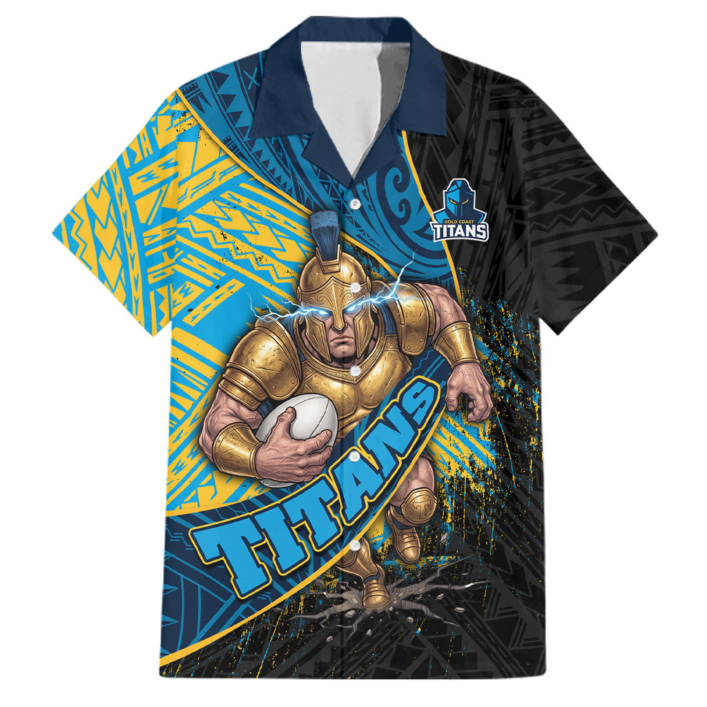 Gold Coast Titans Rugby Family Matching Summer Maxi Dress and Hawaiian Shirt Tribal Polynesian Power Art - Lightning Mascot