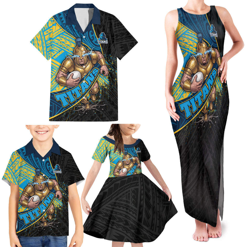 Gold Coast Titans Rugby Family Matching Tank Maxi Dress and Hawaiian Shirt Tribal Polynesian Power Art - Lightning Mascot