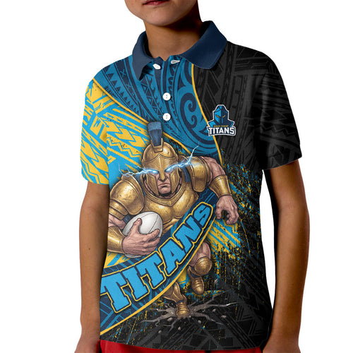 Gold Coast Titans Rugby Kid Polo Shirt Tribal Polynesian Power Art - Lightning Mascot