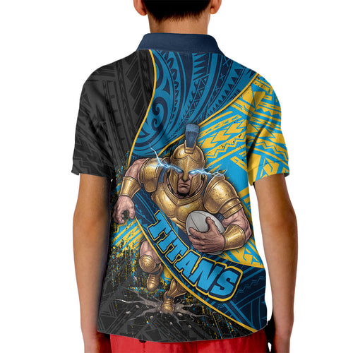 Gold Coast Titans Rugby Kid Polo Shirt Tribal Polynesian Power Art - Lightning Mascot