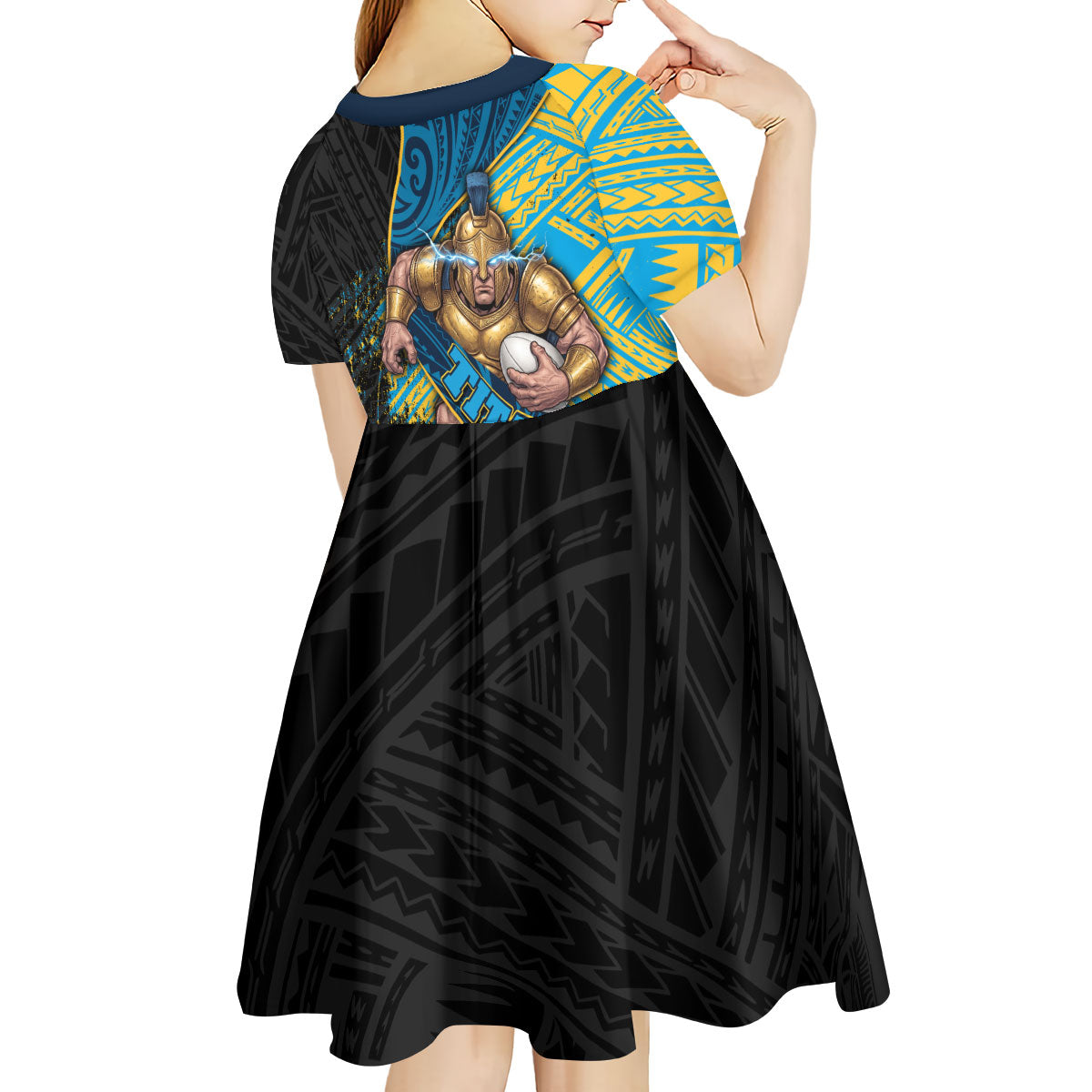 Gold Coast Titans Rugby Kid Short Sleeve Dress Tribal Polynesian Power Art - Lightning Mascot