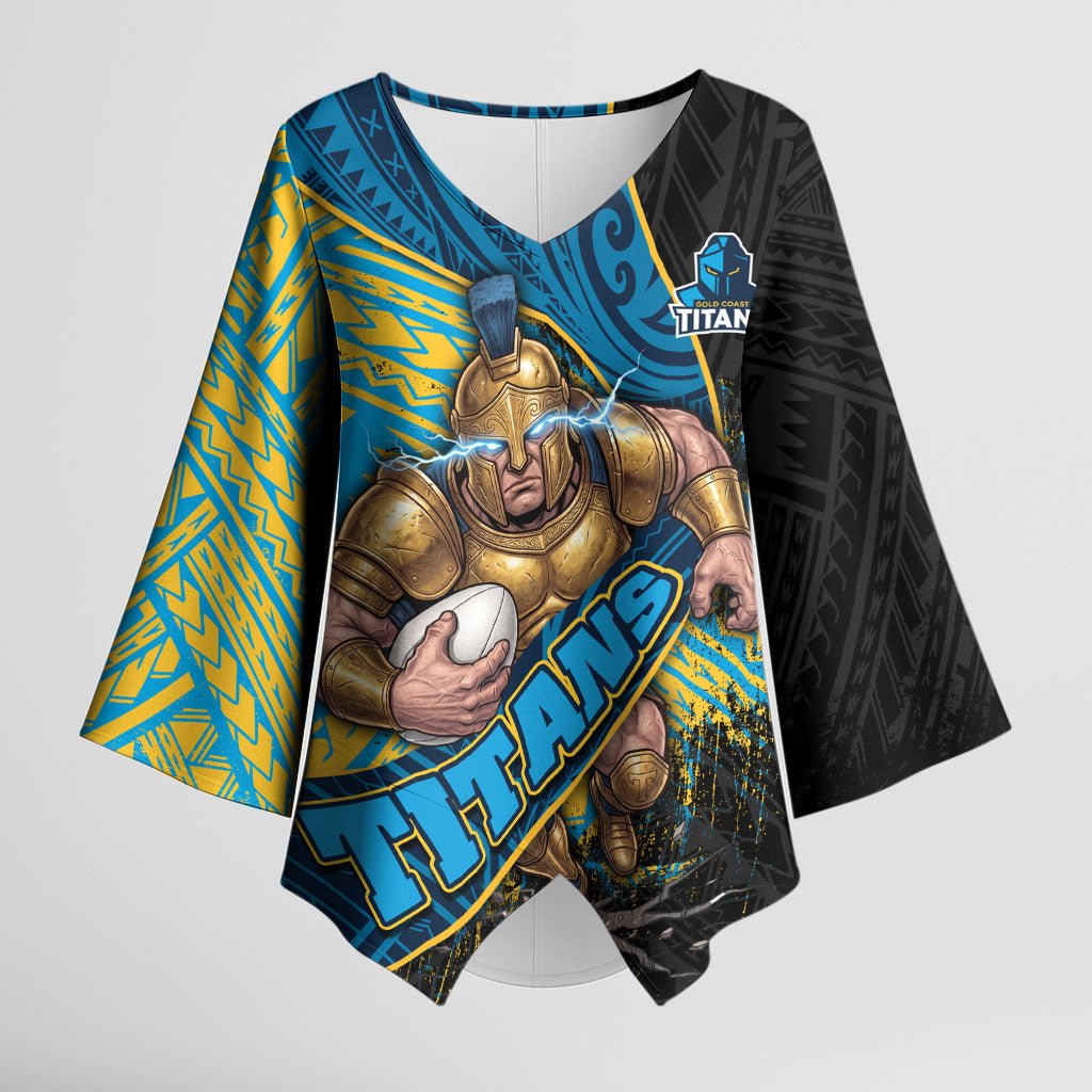 Gold Coast Titans Rugby Kimono Sleeve Blouse Tribal Polynesian Power Art - Lightning Mascot