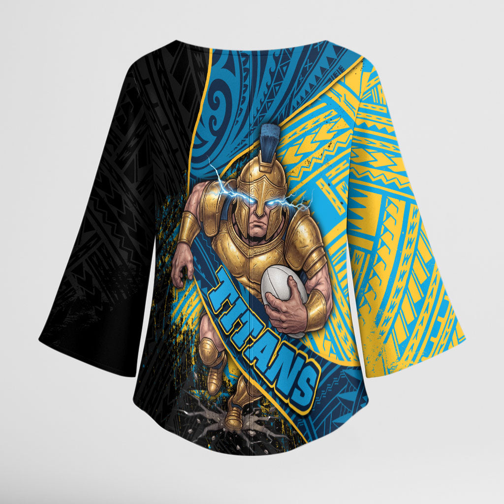 Gold Coast Titans Rugby Kimono Sleeve Blouse Tribal Polynesian Power Art - Lightning Mascot