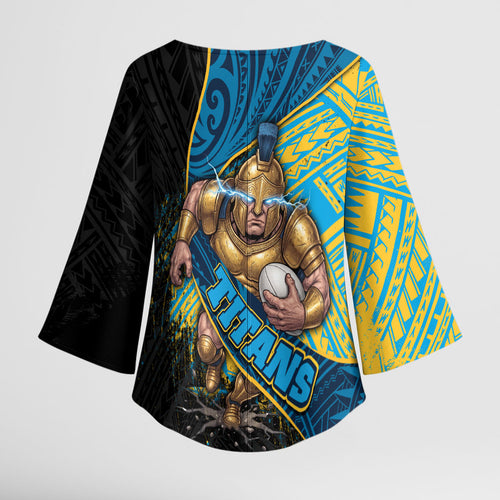 Gold Coast Titans Rugby Kimono Sleeve Blouse Tribal Polynesian Power Art - Lightning Mascot