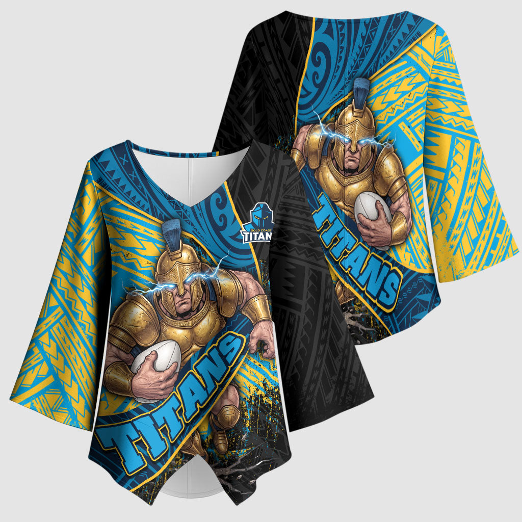 Gold Coast Titans Rugby Kimono Sleeve Blouse Tribal Polynesian Power Art - Lightning Mascot