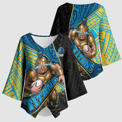 Gold Coast Titans Rugby Kimono Sleeve Blouse Tribal Polynesian Power Art - Lightning Mascot