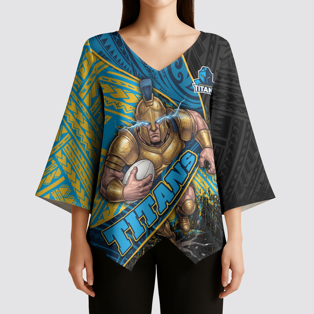 Gold Coast Titans Rugby Kimono Sleeve Blouse Tribal Polynesian Power Art - Lightning Mascot