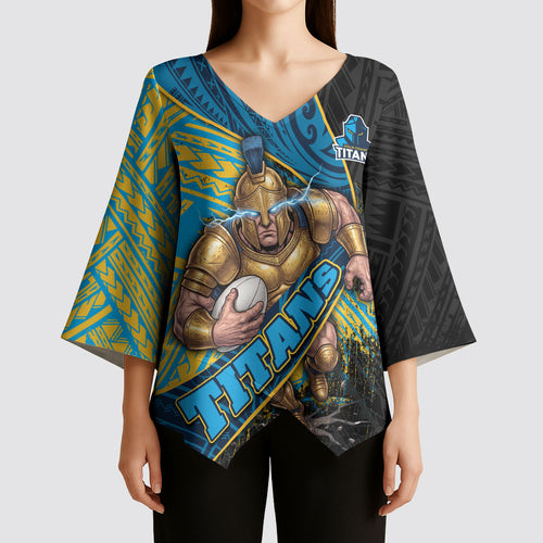 Gold Coast Titans Rugby Kimono Sleeve Blouse Tribal Polynesian Power Art - Lightning Mascot