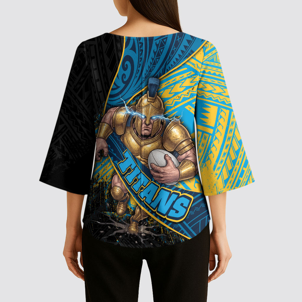 Gold Coast Titans Rugby Kimono Sleeve Blouse Tribal Polynesian Power Art - Lightning Mascot