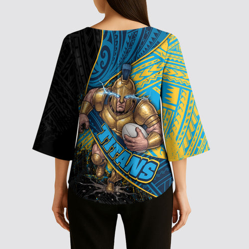 Gold Coast Titans Rugby Kimono Sleeve Blouse Tribal Polynesian Power Art - Lightning Mascot