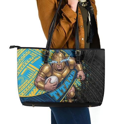 Gold Coast Titans Rugby Leather Tote Bag Tribal Polynesian Power Art - Lightning Mascot