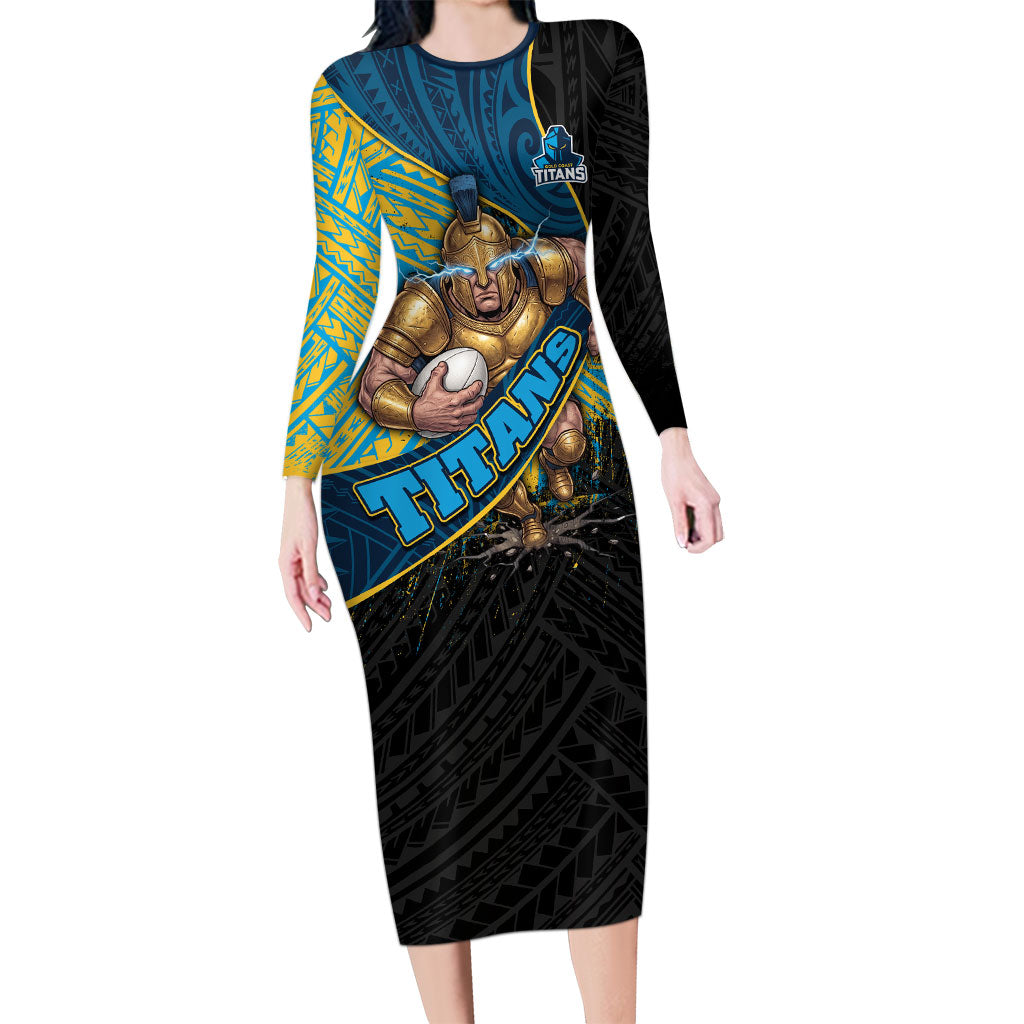Gold Coast Titans Rugby Long Sleeve Bodycon Dress Tribal Polynesian Power Art - Lightning Mascot