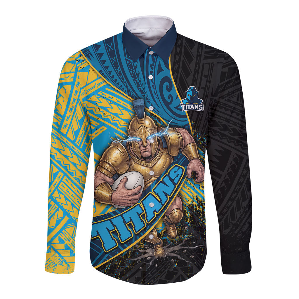Gold Coast Titans Rugby Long Sleeve Button Shirt Tribal Polynesian Power Art - Lightning Mascot