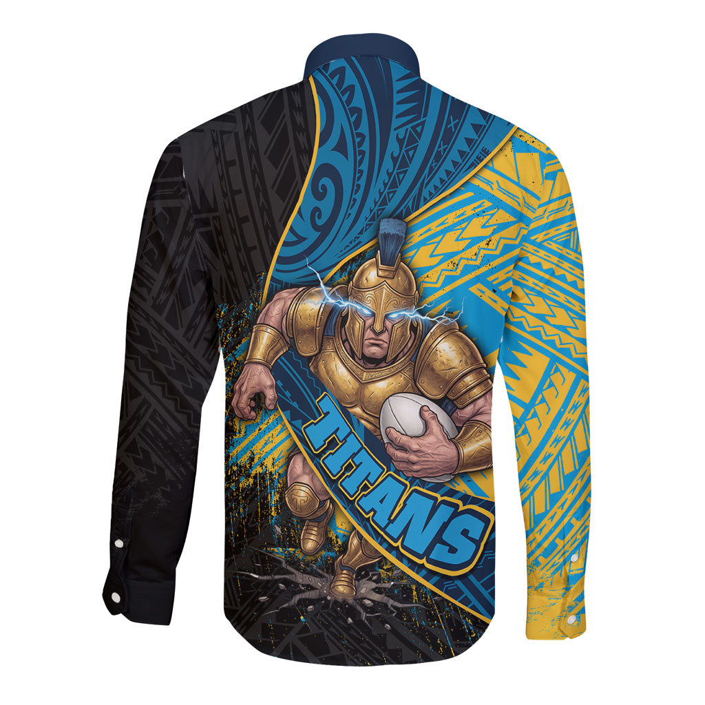 Gold Coast Titans Rugby Long Sleeve Button Shirt Tribal Polynesian Power Art - Lightning Mascot