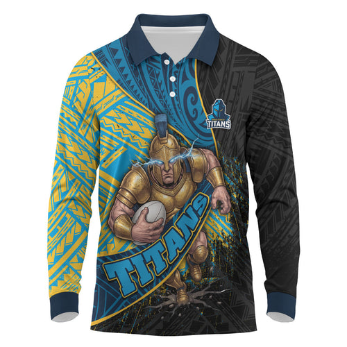 Gold Coast Titans Rugby Long Sleeve Polo Shirt Tribal Polynesian Power Art - Lightning Mascot