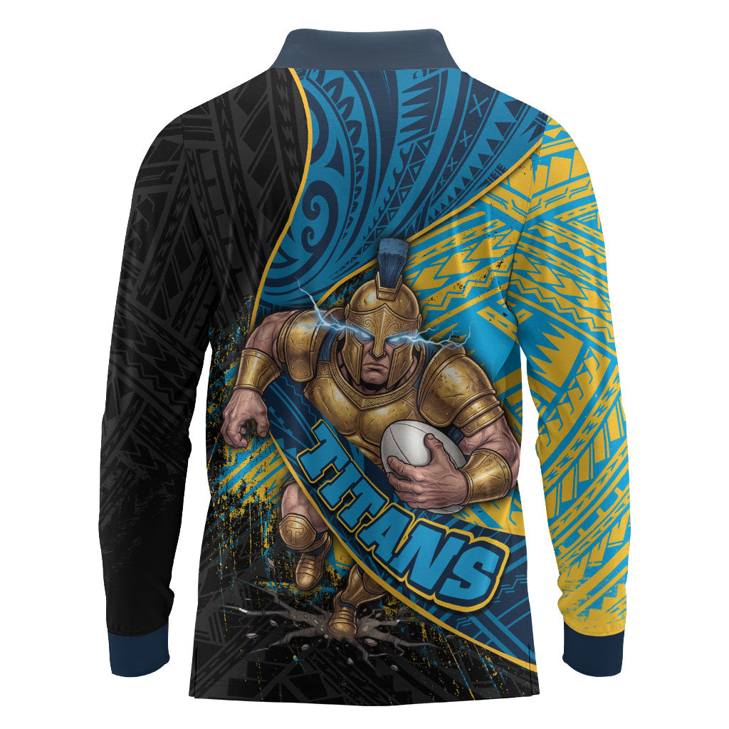 Gold Coast Titans Rugby Long Sleeve Polo Shirt Tribal Polynesian Power Art - Lightning Mascot