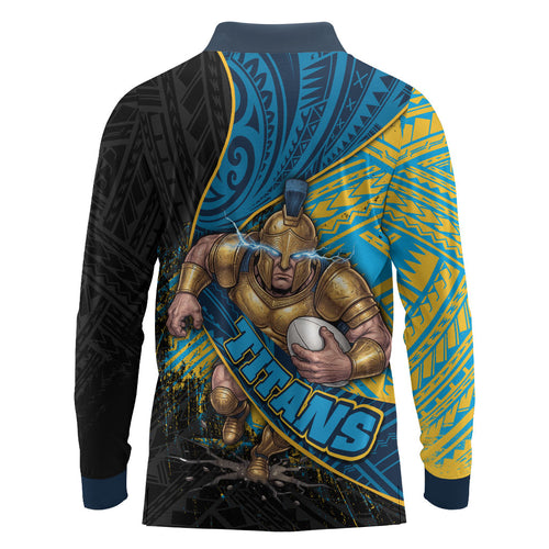 Gold Coast Titans Rugby Long Sleeve Polo Shirt Tribal Polynesian Power Art - Lightning Mascot