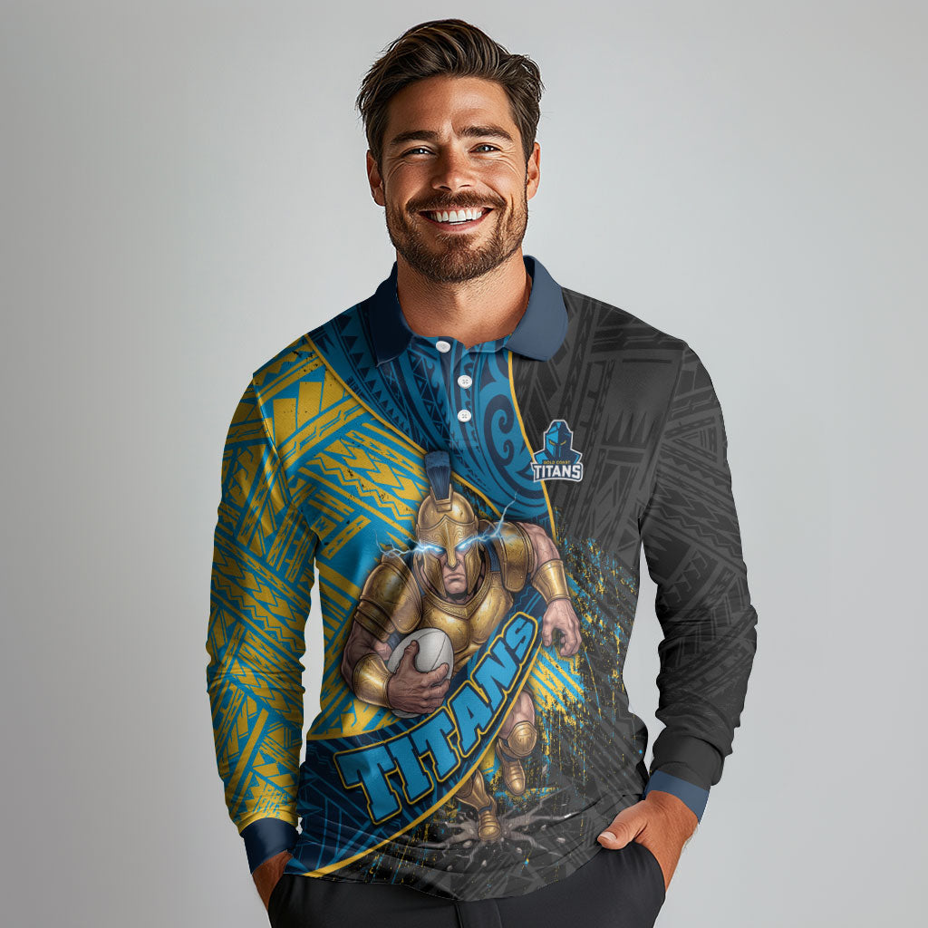 Gold Coast Titans Rugby Long Sleeve Polo Shirt Tribal Polynesian Power Art - Lightning Mascot