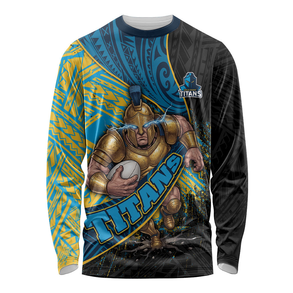 Gold Coast Titans Rugby Long Sleeve Shirt Tribal Polynesian Power Art - Lightning Mascot