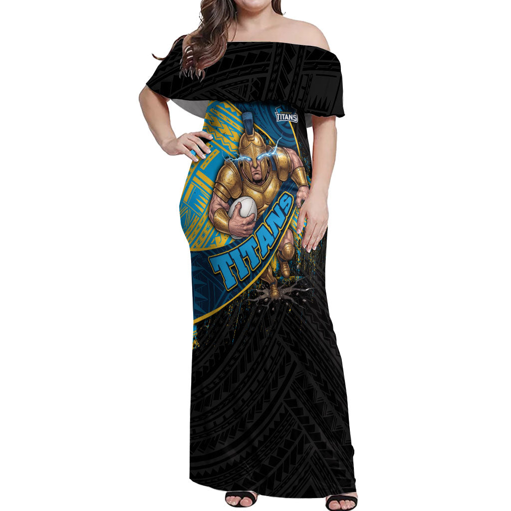 Gold Coast Titans Rugby Off Shoulder Maxi Dress Tribal Polynesian Power Art - Lightning Mascot
