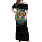 Gold Coast Titans Rugby Off Shoulder Maxi Dress Tribal Polynesian Power Art - Lightning Mascot