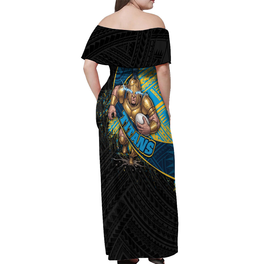 Gold Coast Titans Rugby Off Shoulder Maxi Dress Tribal Polynesian Power Art - Lightning Mascot