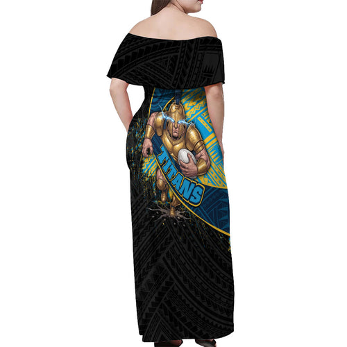 Gold Coast Titans Rugby Off Shoulder Maxi Dress Tribal Polynesian Power Art - Lightning Mascot